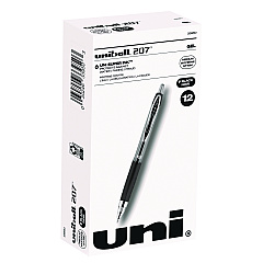 uni-ball Signo 207 Gel Pen, Retractable, Medium 0.7 mm, Black Ink, Smoke/Black Barrel, Dozen (33950)