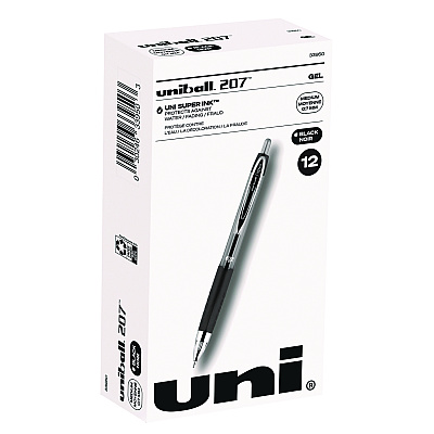 uni-ball Signo 207 Gel Pen, Retractable, Medium 0.7 mm, Black Ink, Smoke/Black Barrel, Dozen (33950)