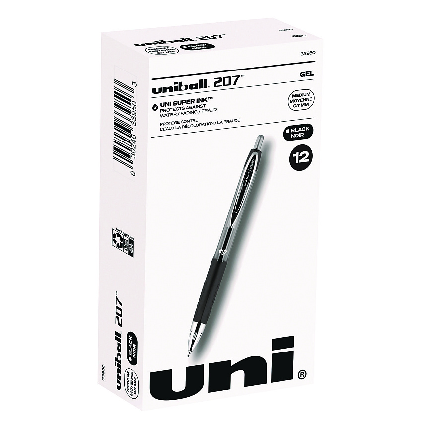 uni-ball Signo 207 Gel Pen, Retractable, Medium 0.7 mm, Black Ink, Smoke/Black Barrel, Dozen (33950)