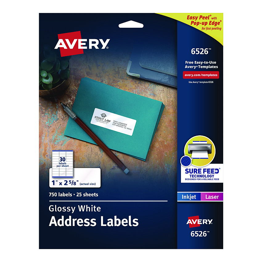 Avery 6526 Glossy White Easy Peel Mailing Labels