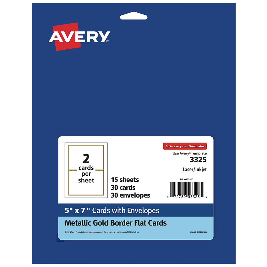 Avery Invitation Cards with Metallic Border, Inkjet/Laser, 80 lb, 5 x 7, Matte White, 2 Cards/Sheet, 15 Sheets/Pack (3325)