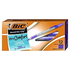 BIC Round Stic Grip Xtra Comfort Ballpoint Pen, Easy-Glide, Stick, Medium 1.2 mm, Purple Ink, Gray/Purple Barrel, Dozen (GSMG11PE)