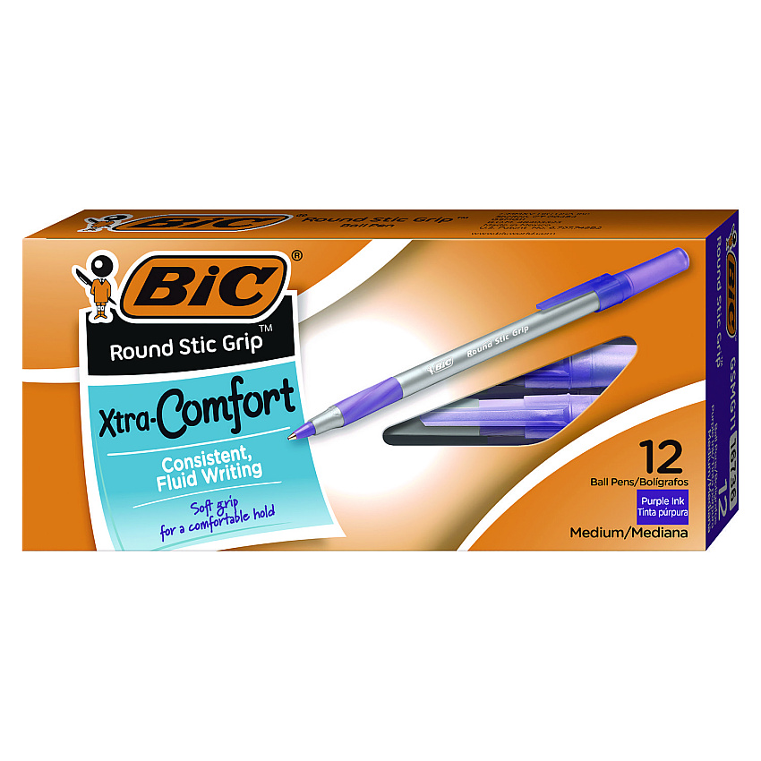 BIC Round Stic Grip Xtra Comfort Ballpoint Pen, Easy-Glide, Stick, Medium 1.2 mm, Purple Ink, Gray/Purple Barrel, Dozen (GSMG11PE)
