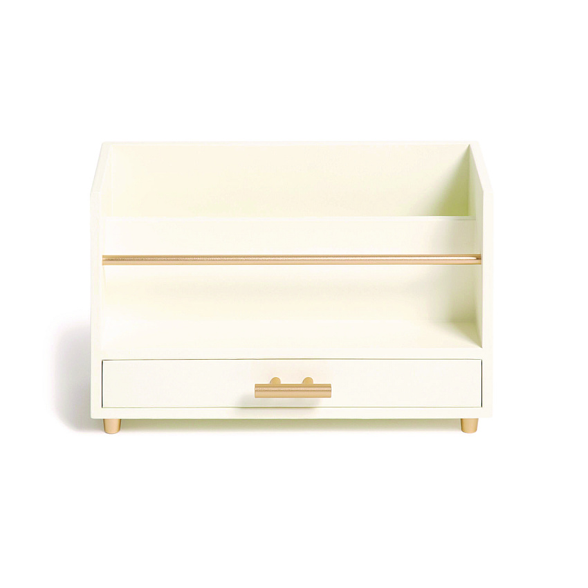 U Brands Juliet Desk Organizer, 3 Compartments, 1 Drawer, 9.5" x 4.2" x 4.9", White/Gold, Wood/Metal (3464U0312)