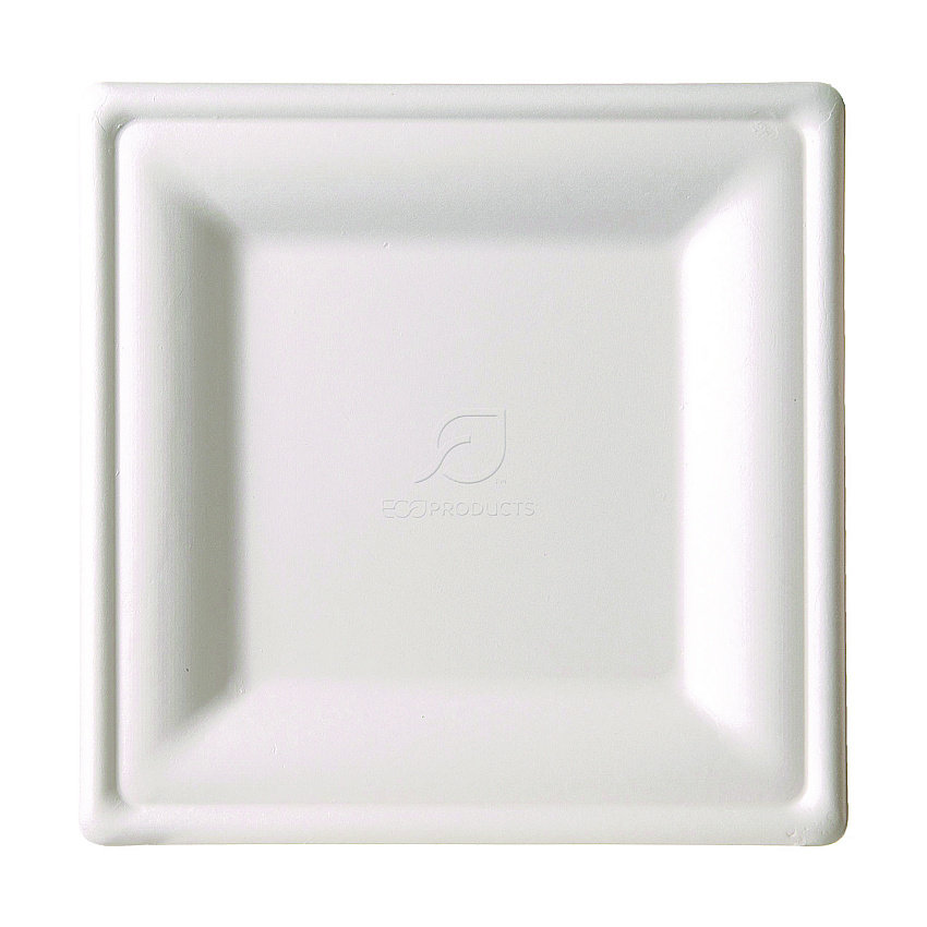 Eco-Products Renewable and Compostable Square Sugarcane Plates, Large, Natural White, 50/Pack, 5 Packs/Carton (EPP023)