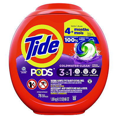 Tide PODS Laundry Detergent, Spring Meadow, 66 oz Tub, 76 Pacs/Tub, 4 Tubs/Carton (09166CT)