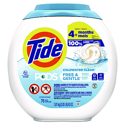 Tide PODS Laundry Detergent, Free and Gentle, 63 oz Tub, 76 Pacs/Tub, 4 Tubs/Carton (09488CT)