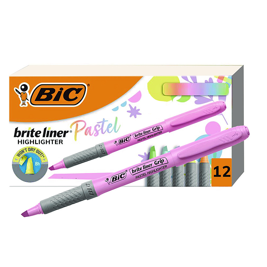 BIC Brite Liner Grip Pocket Highlighter, Assorted Ink Colors, Chisel Tip, Assorted Barrel Colors, Dozen (GBLD11AST)