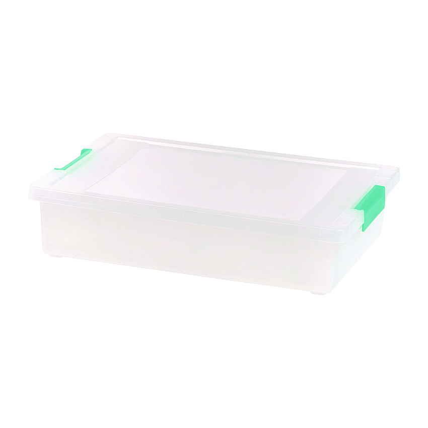 Iris Latch Lid Storage Box, 2.3 gal, 14 x 11 x 3.5, Clear Bin/Seafoam Latches (301158)