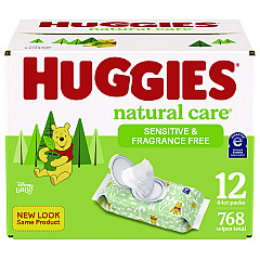 Huggies Natural Care Sensitive Baby Wipes, Unscented, White, 64/Pack, 12 Packs/Carton (51079)