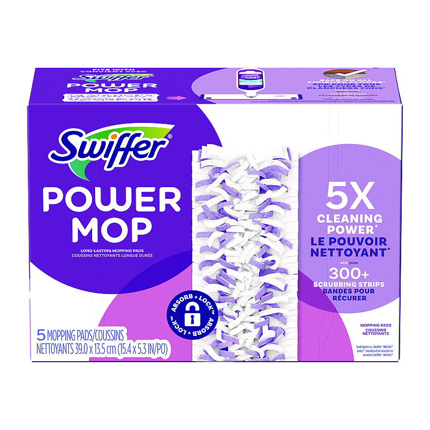 Swiffer PowerMop Mopping Pads, 5.3 x 15.4, White/Purple, 5 Pads/Box (08188)