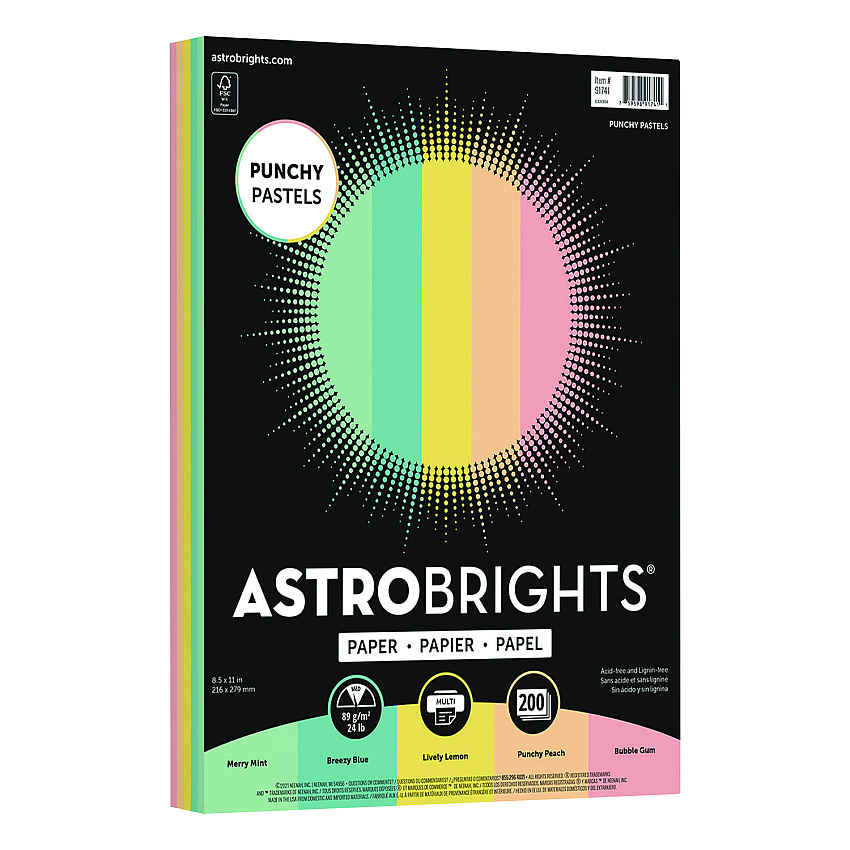 Astrobrights Color Paper - "Punchy Pastels" Assortment, 24 lb Bond Weight, 8.5 x 11, Assorted, 200/Pack (91741)