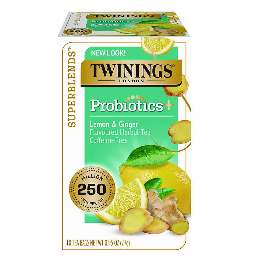TWININGS Probiotics Lemon and Ginger Herbal Tea Bags, 0.05 oz, 18/Box (TNA95223)