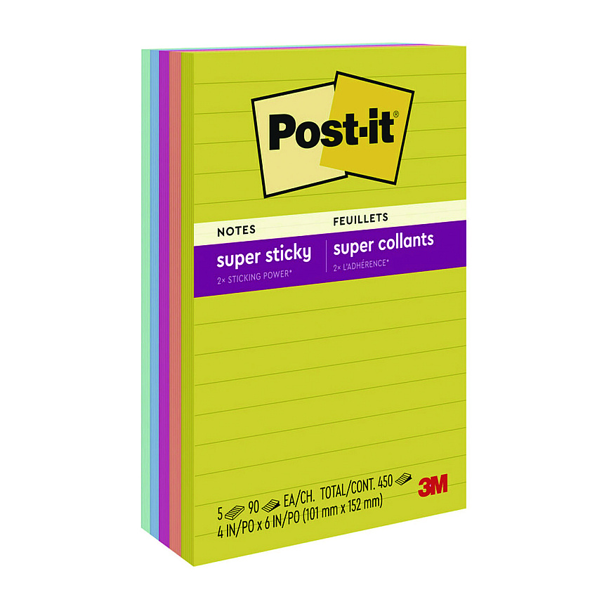 Post-it Note Pads in Summer Joy Color Collection Colors, 4" x 6", Note Ruled, 90 Sheets/Pad, 5 Pads/Pack (6605SSJOY)