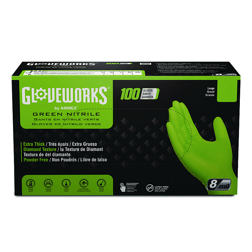 GloveWorks by AMMEX Heavy-Duty Industrial Nitrile Gloves, Powder-Free, 8 mil, Medium, Green, 100 Gloves/Box, 10 Boxes/Carton (GWGN44100CT)