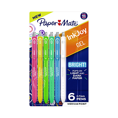 Paper Mate InkJoy Gel Bright Retractable Pen, Medium 0.7 mm, Assorted Ink/Barrel Colors, 6/Pack (2173765)