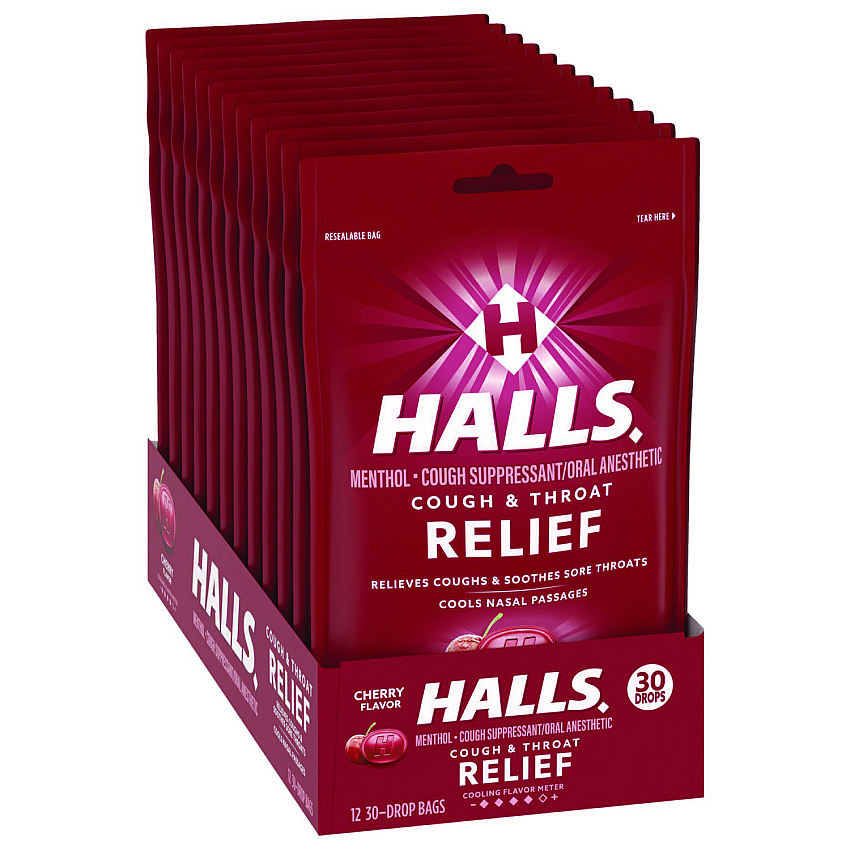HALLS Triple Action Cough Drops, Cherry, 30/Bag, 12 Bags/Box (27499)