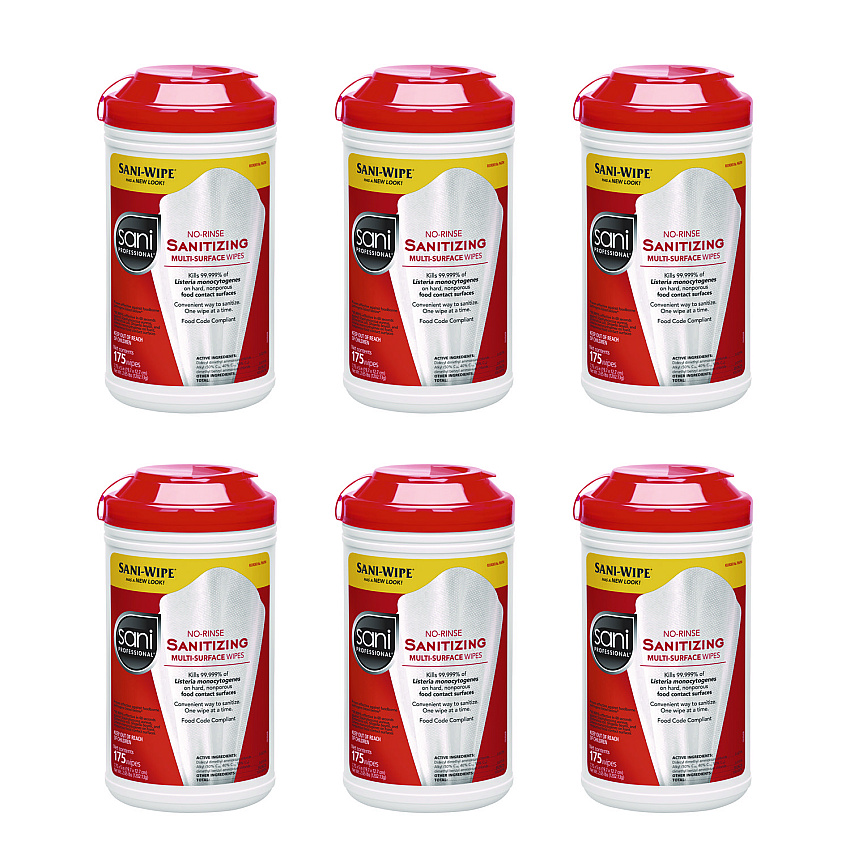 Sani Professional No-Rinse Sanitizing Multi-Surface Wipes, Unscented, White, 175/Container, 6/Carton (P66784)