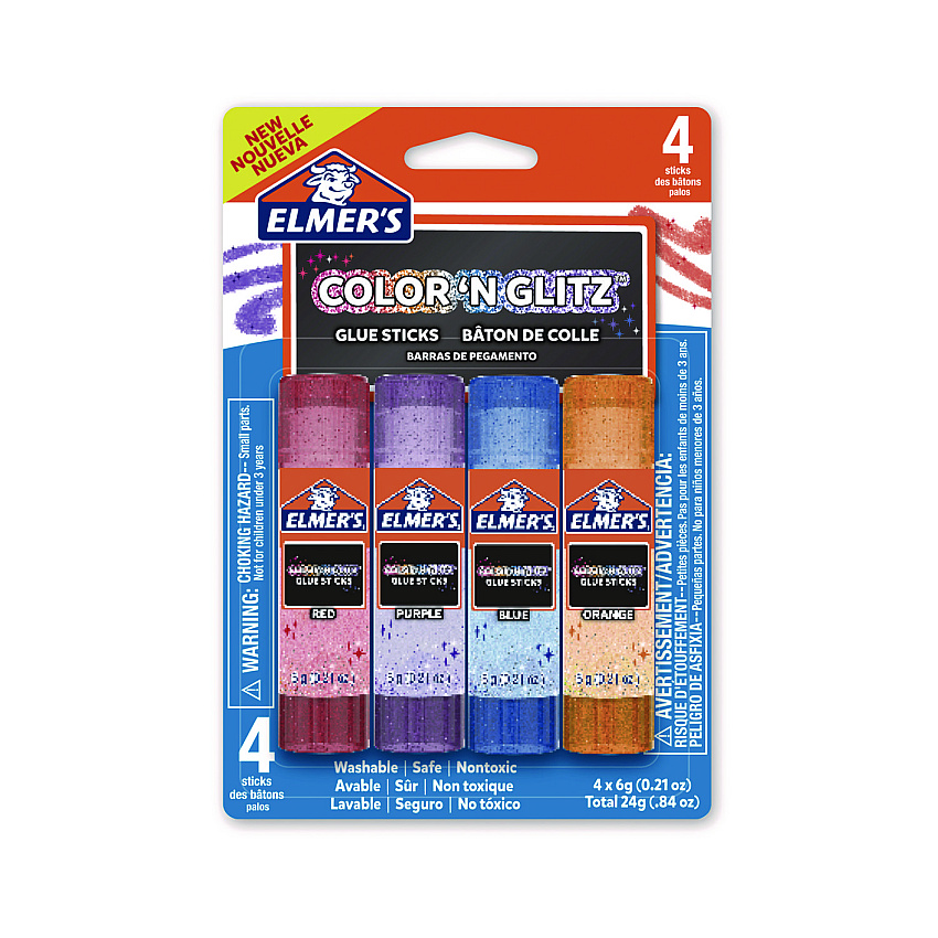 Elmer's Glitter Glue Sticks, 0.21 oz, Applies Assorted Colors, Dries Clear Glitter, 4/Pack (2197114)