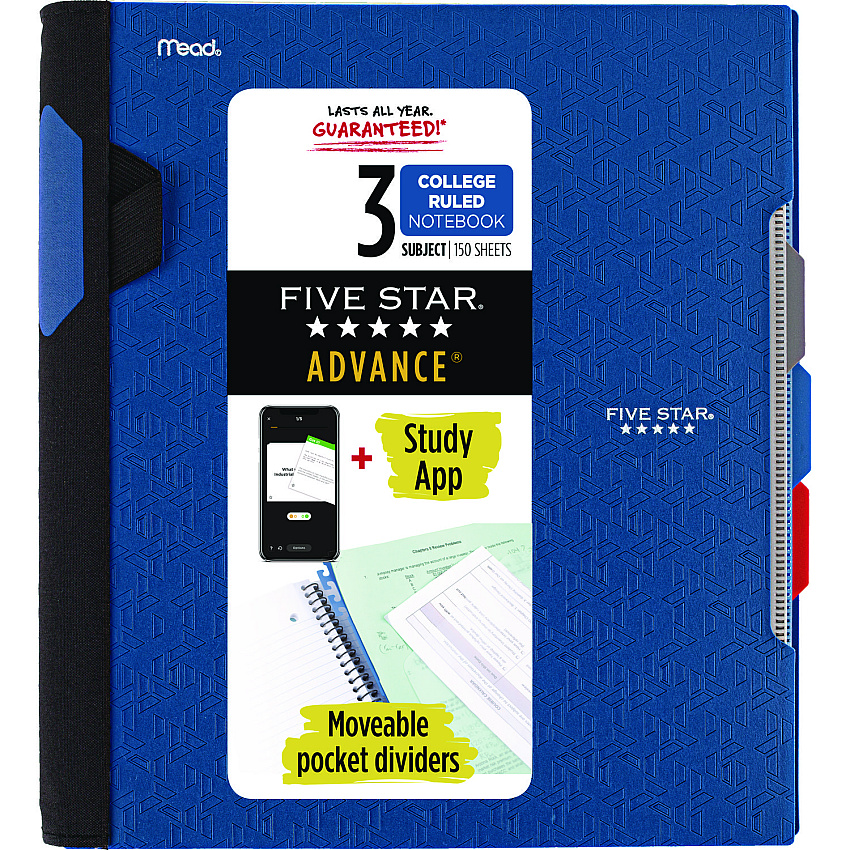 Five Star Advance Wirebound Notebook, 3 Subject, Medium/College Rule, Randomly Assorted Covers, 11 x 8.5, 150 Sheets (06324)