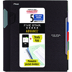 Five Star Advance Wirebound Notebook, 5 Subject, 10 Pockets, Medium/College Rule, Randomly Assorted Covers, 11 x 8.5, 200 Sheets (06326)