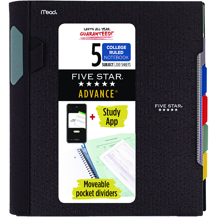 Five Star Advance Wirebound Notebook, 5 Subject, 10 Pockets, Medium/College Rule, Randomly Assorted Covers, 11 x 8.5, 200 Sheets (06326)