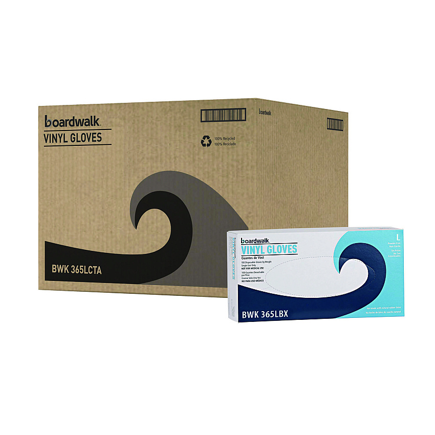 Boardwalk General Purpose Vinyl Gloves, Powder/Latex-Free, 2 3/5 mil, Large, Clear, 100/Box, 10 Boxes/Carton (BWK365LCT)