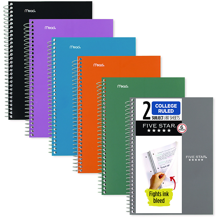 Five Star Wirebound Notebook, 2-Subject, Medium/College Rule, Assorted Cover Color, (80) 9.5 x 6.52 Sheets, 6/Pack (840029A)