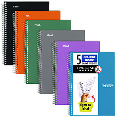Five Star Wirebound Notebook, 5-Subject, Medium/College Rule, Assorted Cover Color, (150) 9.5 x 6.63 Sheets, 6/Pack (840030A)