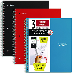 Five Star Wirebound Notebook, 3-Subject, Wide/Legal Rule, Assorted Cover Color, (150) 10.5 x 8.63 Sheets, 3/Pack (930081)