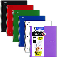Five Star Wirebound Notebook, 3-Subject, Medium/College Rule, Assorted Cover Colors, (150) 11 x 9.13 Sheets, 6/Pack (73930)