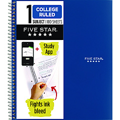 Five Star Wirebound Notebook, 1 Subject, Medium/College Rule, Blue Cover, (100) 11 x 9.13 Sheets (820002NH0)