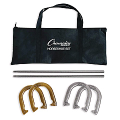 Champion Sports Steel Horseshoe Set, (4) Horseshoes/(2) 24" Stakes/Nylon Carry Bag (IHS100)
