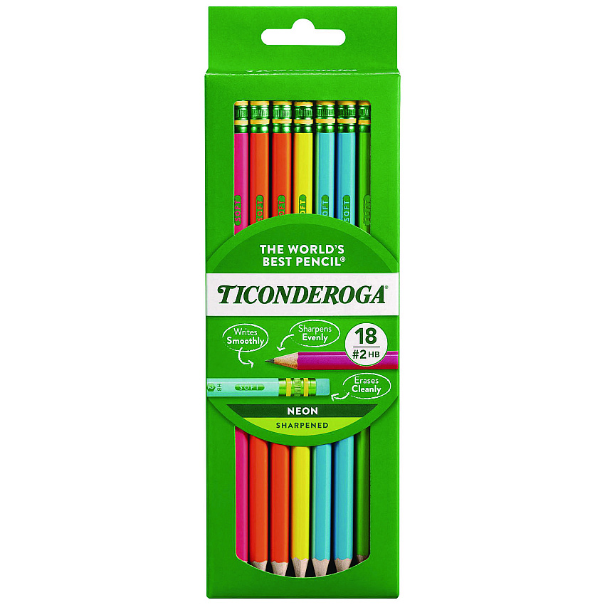 Ticonderoga Pre-Sharpened Pencil, 2.2 mm, HB (#2), Black Lead, Neon Assorted Barrel Colors, 18/Pack (X13018)