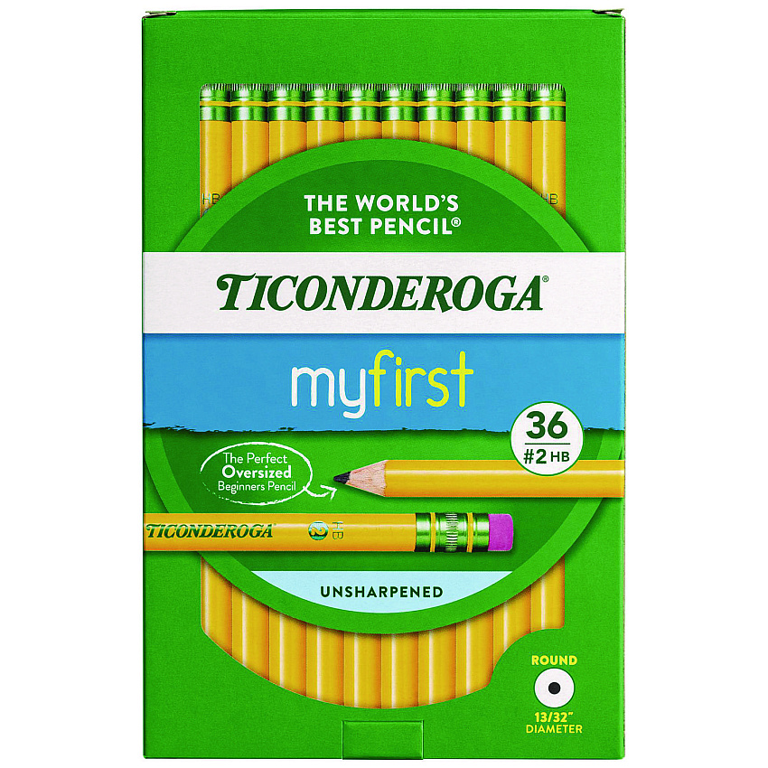 Ticonderoga My First Woodcase Pencil with Eraser, 3.6 mm, HB (#2), Black Lead, Yellow Barrel, 36/Pack (X33336)