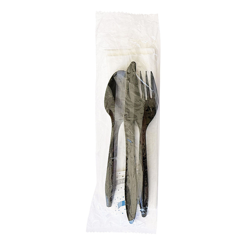 Boardwalk Six-Piece Cutlery Kit, Fork/Knife/Napkin/Pepper/Salt/Spoon, Black, 250/Carton (BWKCOMBO6KIT)