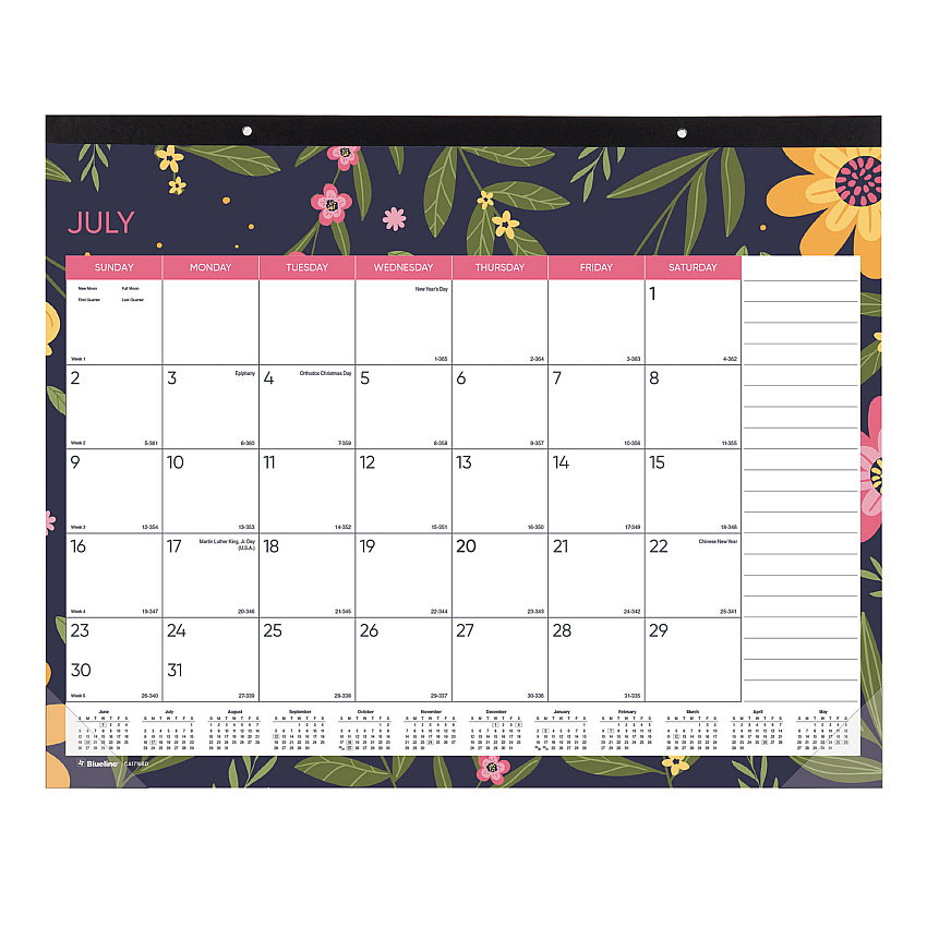 Blueline Spring Monthly Academic Desk Pad Calendar, Flora Artwork, 22 x 17, Black Binding, 18-Month (July to Dec): 2022 to 2023 (CA1716BD)