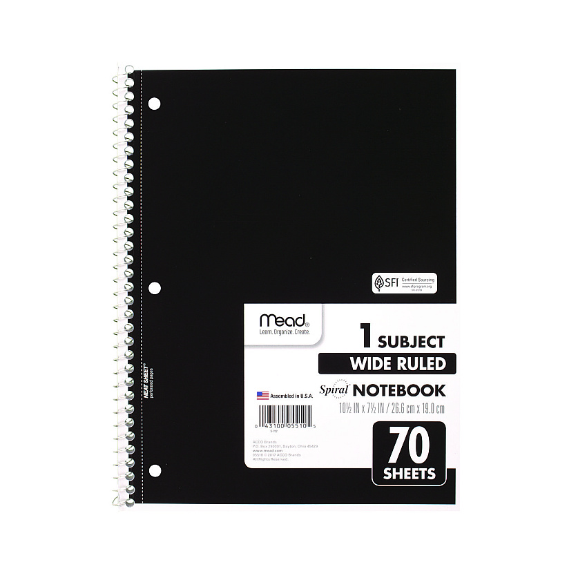 Mead Spiral Notebook, 3-Hole Punched, 1 Subject, Wide/Legal Rule, Randomly Assorted Covers, 10.5 x 7.5, 70 Sheets (05510)