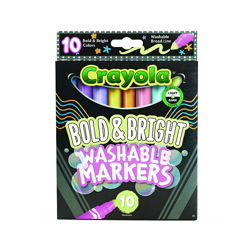 Crayola Bold and Bright Washable Markers, Broad Bullet Tip, Assorted Colors, 10/Box (587735)