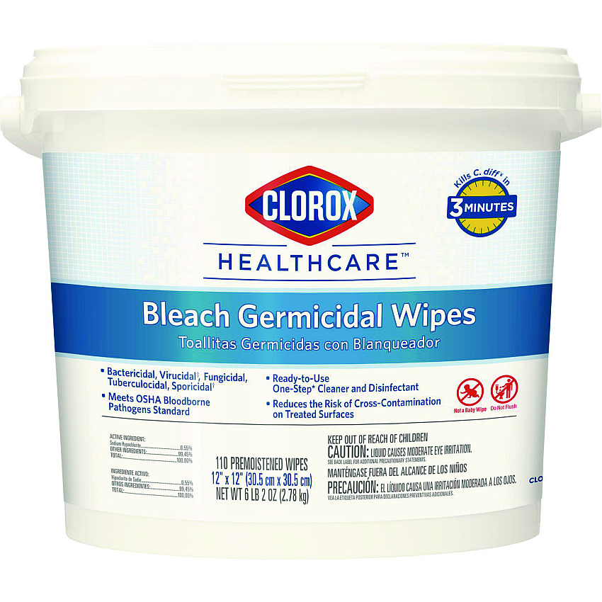 Clorox Healthcare Bleach Germicidal Wipes, 12 x 12, Unscented, 110/Bucket (30358)