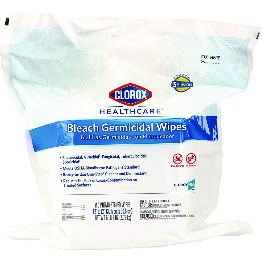 Clorox Healthcare Bleach Germicidal Wipes, 12 x 12, Unscented, 110/Bag (30359)