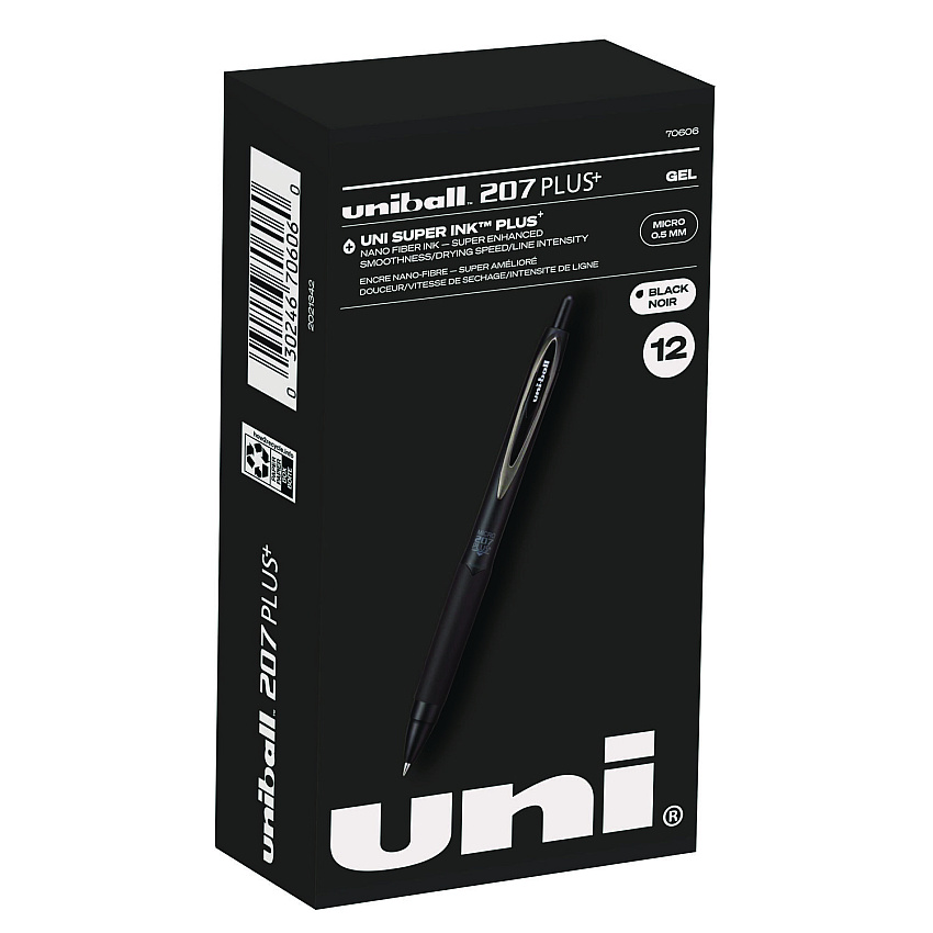 uni-ball 207 Plus+ Gel Pen, Retractable, Micro 0.5 mm, Black Ink, Black Barrel, Dozen (70606)