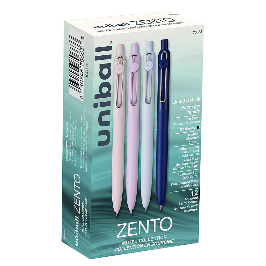 uni-ball Zento Gel Pen, Retractable, Medium 0.7 mm, Black Ink, Coastal/Fog/Ivory/Lavender Barrel Colors, Dozen (70663)