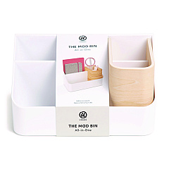 U Brands Mod All-in-One Desktop Organizer, 4 Compartments, 5.39 x 9.65 x 5.08, Plastic/Wood, White (5390U0312)