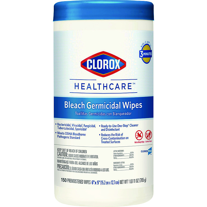 Clorox Healthcare Bleach Germicidal Wipes, 6 x 5, Unscented, 150/Canister (30577)