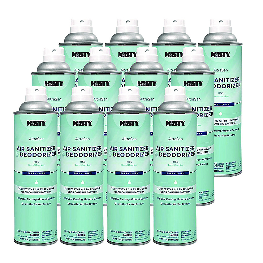 Misty Handheld Air Sanitizer/Deodorizer, Fresh Linen, 10 oz Aerosol Spray, 12/Carton (1037236)