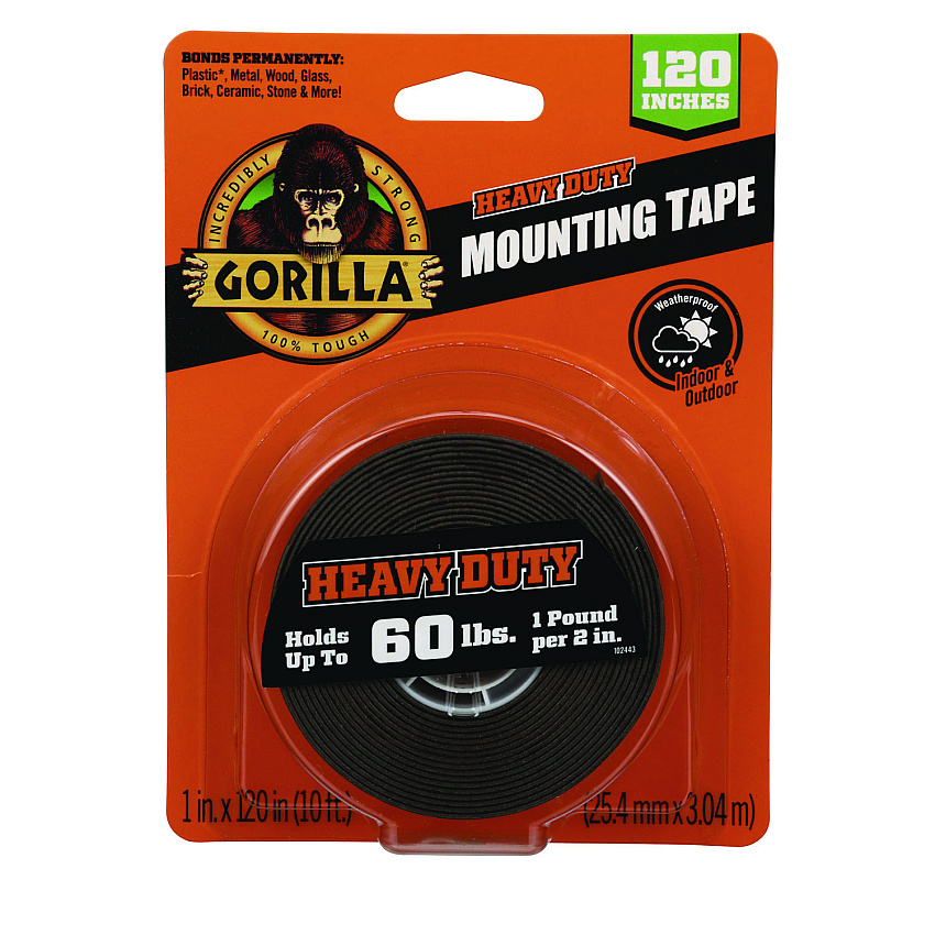 Gorilla Heavy Duty Mounting Tape, Permanent, Holds Up to 60 lb (1 lb per 2 in), 1 x 120, Black (102441)