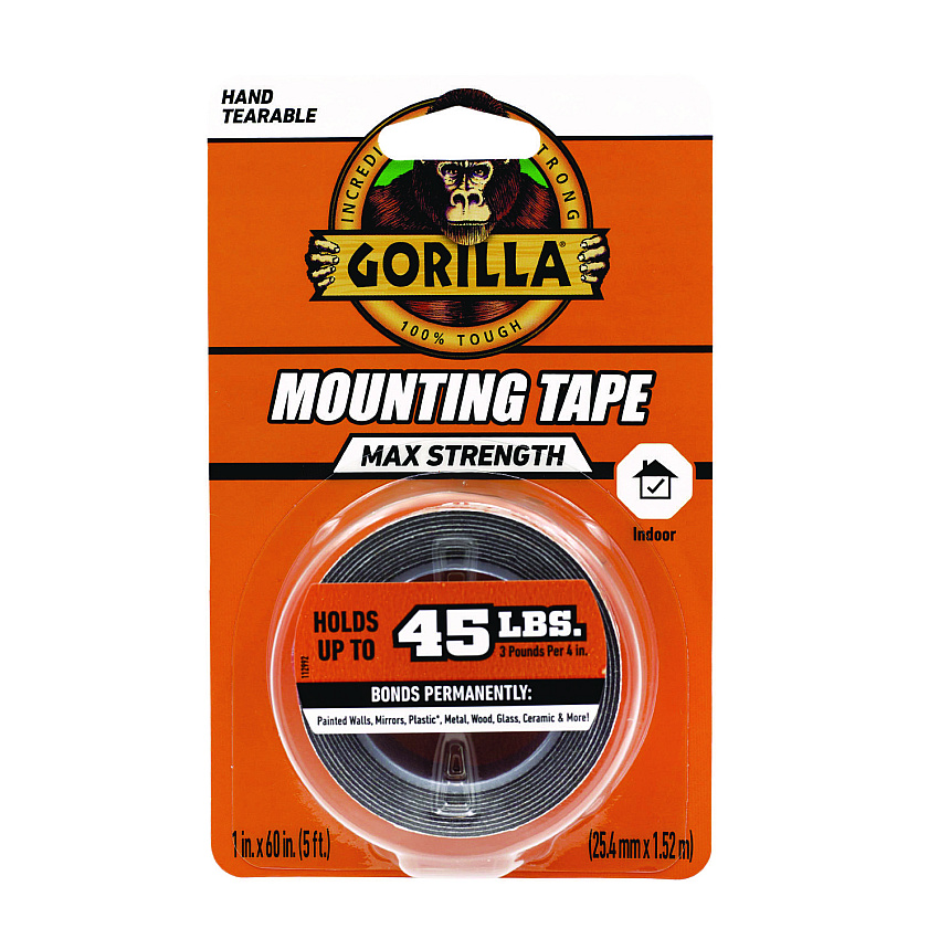 Gorilla Max Strength Mounting Tape, Permanent, Holds Up to 45 lb (3 lbs per 4 in), 1 x 60, Black (112962)