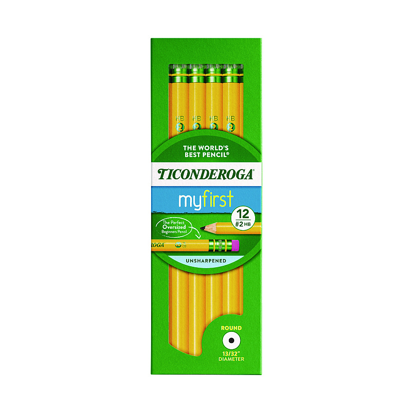 Dixon Ticonderoga Beginners Woodcase Pencil with Eraser and Microban Protection, HB (#2), Black Lead, Yellow Barrel, Dozen (13308)