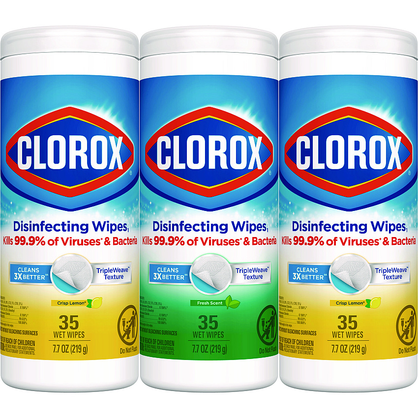 Clorox Disinfecting Wipes, 7 x 8, Fresh Scent/Citrus Blend, 35/Canister, 3/Pack (30112)